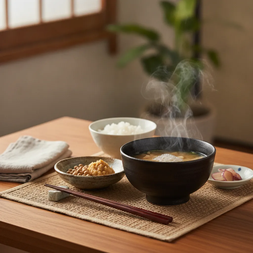 湯気の立つ味噌汁のある、和の食卓