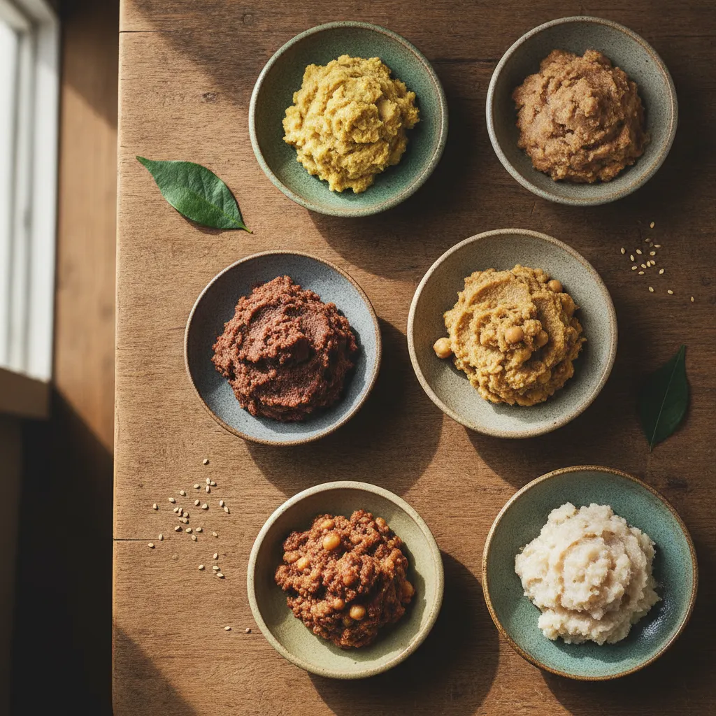 豆の種類によって色合いの異なる、さまざまな味噌
