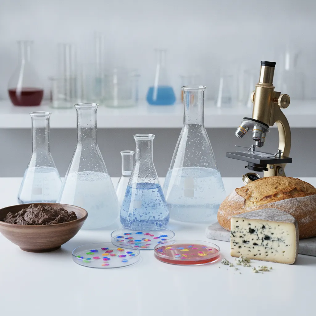 味噌・パン・チーズなどの発酵食品と、実験器具を並べたイメージ
