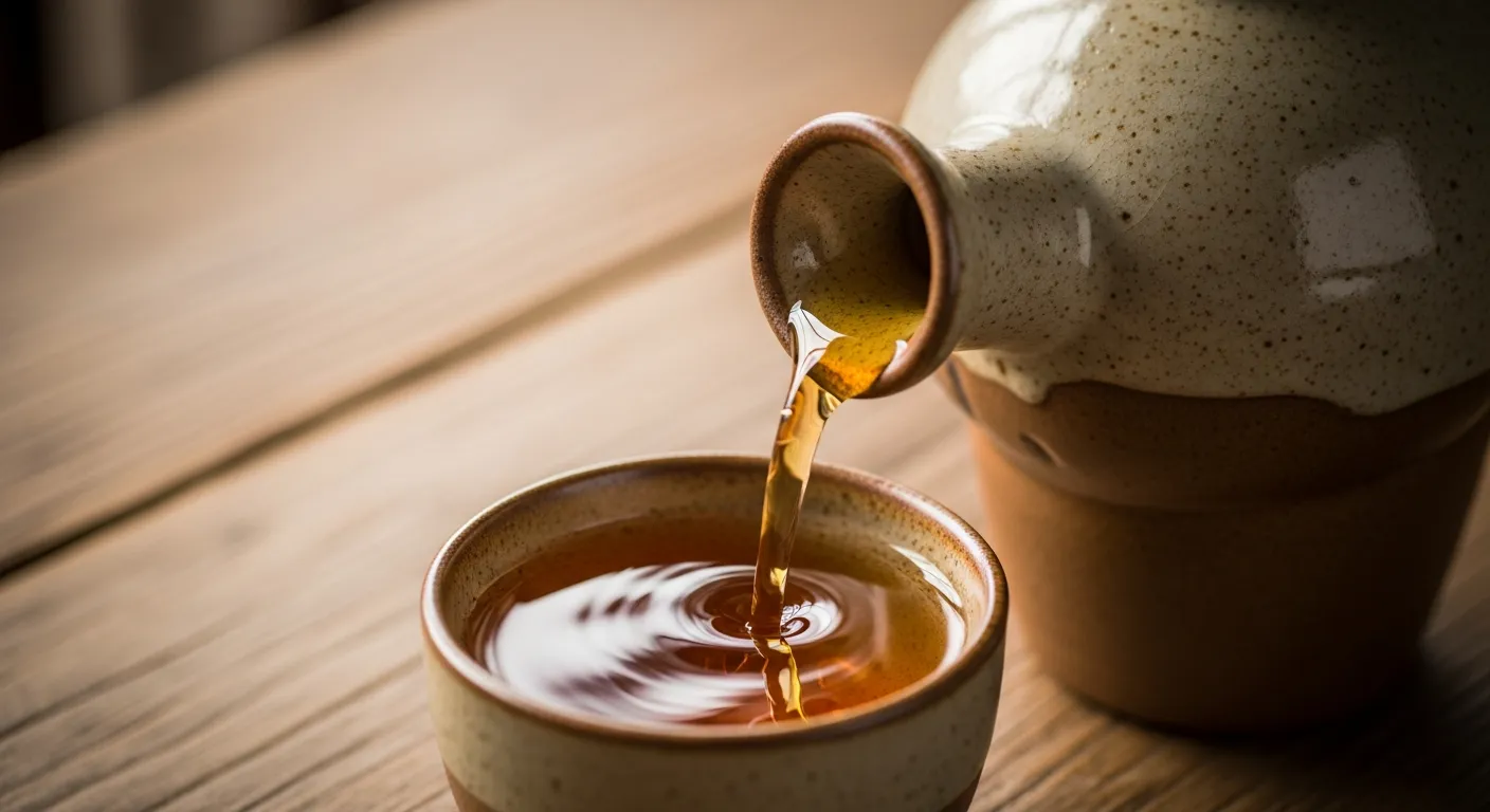 紹興酒。陶器の瓶から杯に注がれる、深い琥珀色。