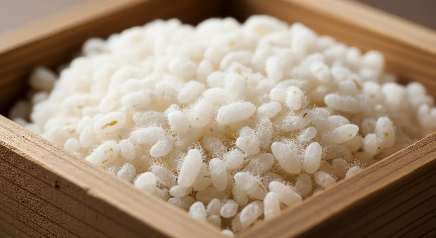 米麹――蒸した米の上で麹菌が繁殖し、酵素をつくり出す